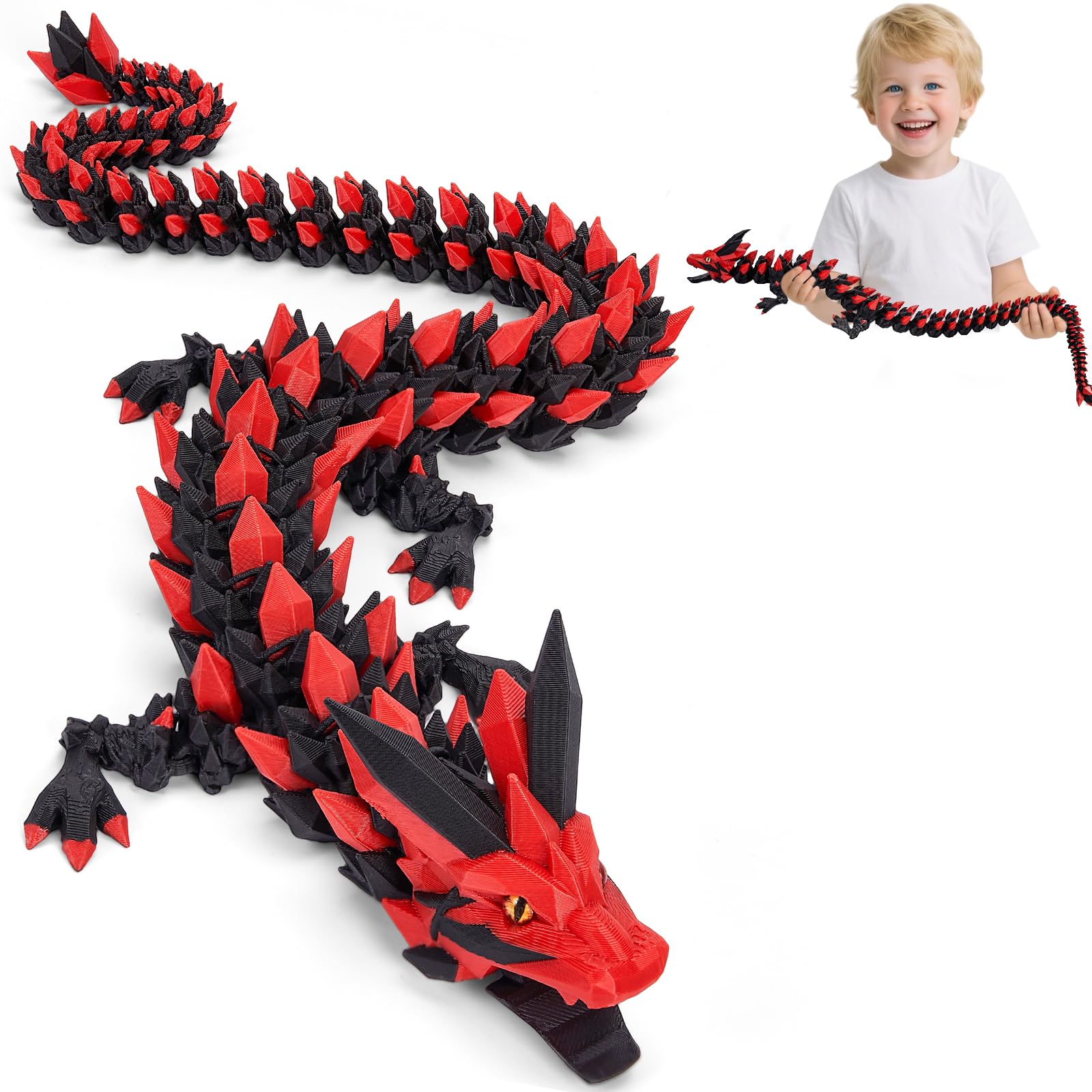 3D Printed Dragon Toys with Eyes - 24 inches Dazzling Gradient Crystal Wyrm, Bendable and Flexible Big Fidget, Articulated Gem Serpent Figure for Home Office Decor, Easter Gifts for Kids