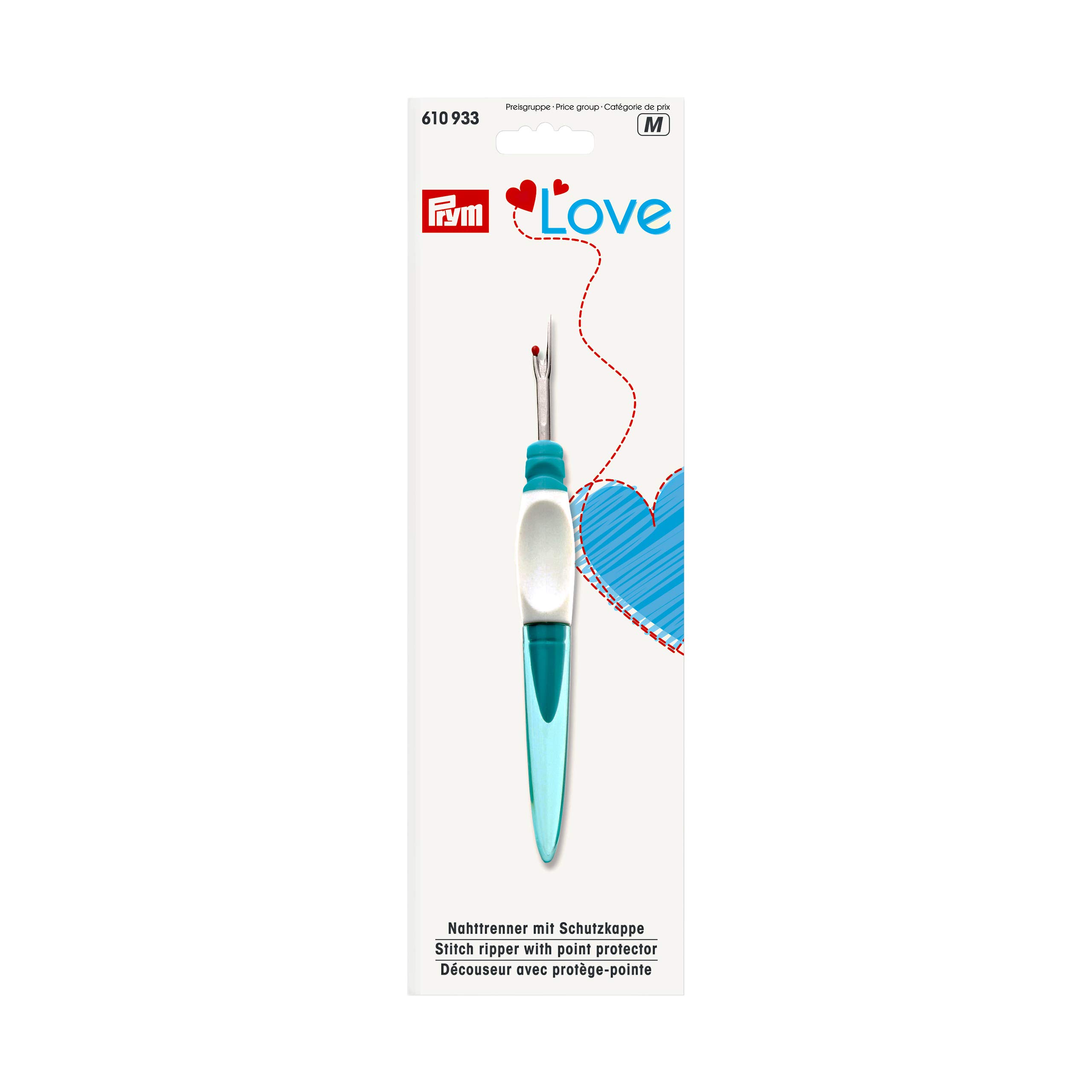 Prym PrymLove Small Ergonomic Design Stitch Seam Ripper/Quick Unpick Love, Metal/Plastic, Turquoise, 18.5 x 9.5 x 2 cm, 610933-1