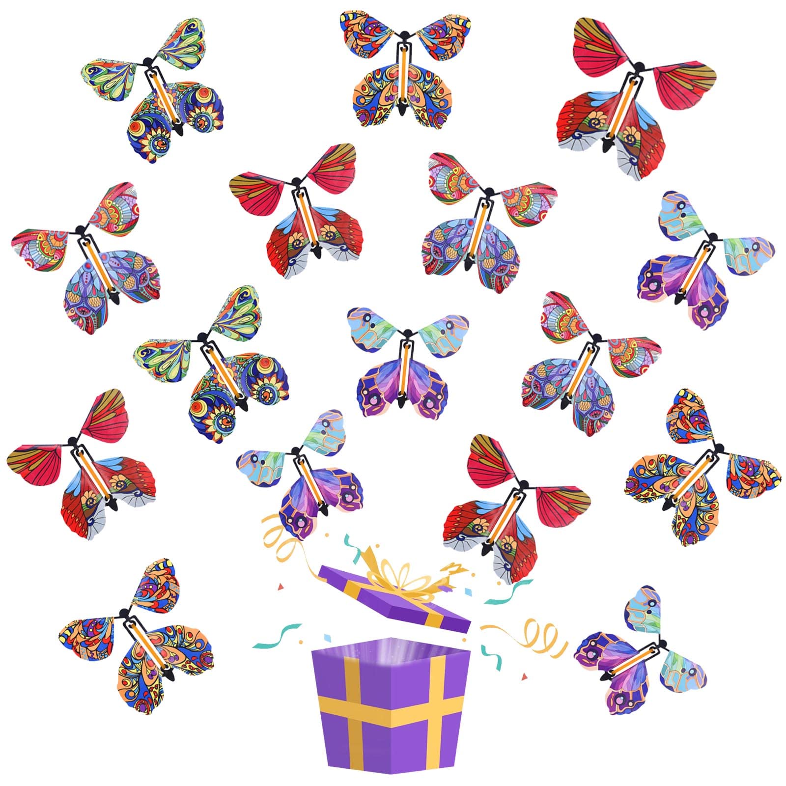 AWAVM Magic Flying Butterfly 16 Pieces Clockwork Butterfly Card, Rubber Band Powered Butterfly Magic Fairy Flying Toy for Birthday Gifts, Performance Props, Children Surprise Gifts (MB-15)