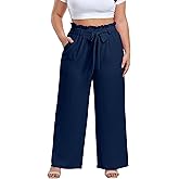 OLRIK Women's Plus Size Pants Adjustable High Waist Wide Leg Palazzo Casual Trousers with Pockets Spring Clothes
