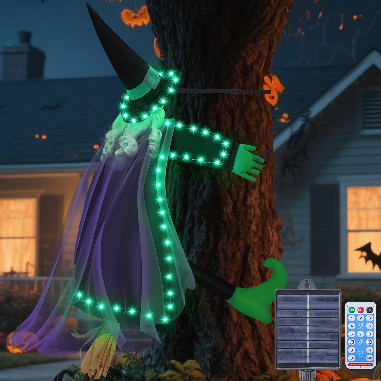 Photo 1 of amadecohome Solar Halloween Decorations Outdoor Witches, 43" Flying Witch Crashing into Tree Hallowen Decor on Broom, Halloween Witch Decor for Yard Door Fence Haunted House Props (Green)