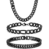 Aospkle 3PCS Cuban Link Figaro Bracelet Necklace, Silver Gold Black Sturdy 316L Stainless Steel Cuban Link Figaro Chain for Men Jewelry Set with Gift Message Card 8mm, 7/8/9 Inches