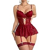 Foxiny Sexy Stocking Underwire Push Up Rhinestones Heart Floral Lace Mesh Sheer Garter Bodysuit Skirt Lingerie Set 3 Piece