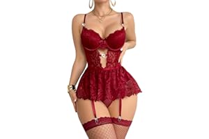 Foxiny Sexy Stocking Underwire Push Up Rhinestones Heart Floral Lace Mesh Sheer Garter Bodysuit Skirt Lingerie Set 3 Piece