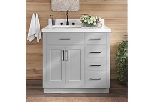 ARIEL Bathroom Vanity 37" Grey with 1.5" Edge Pure White Quartz Countertop & Backsplash, Left Rectangular Sink, 2 Soft Closing Doors, 5 Full Extension Dovetail Drawers, Toe Kick, Matte Black