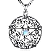 JERWLI Pentagram Necklace 925 Sterling Silver Pentagram Moonstone Pendant Necklace Pentacle Tree of Life Jewelry Gifts for Men