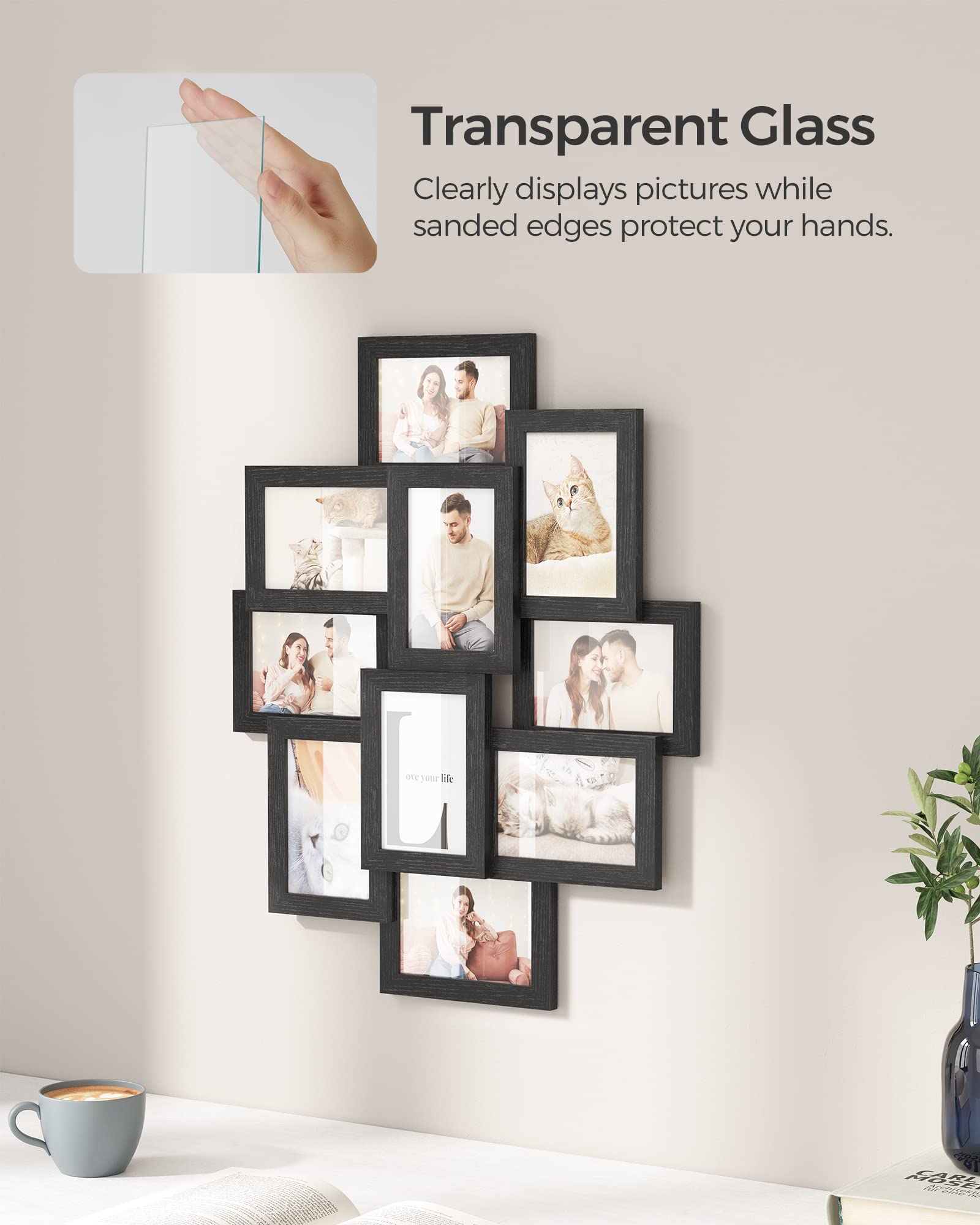 SONGMICS 4x6 Collage Picture Frames for Wall Decor, 10 Pack Family Photo Collage Frame Set for Gallery, Glass Front, Assembly Required, Ink Black URPF20BK