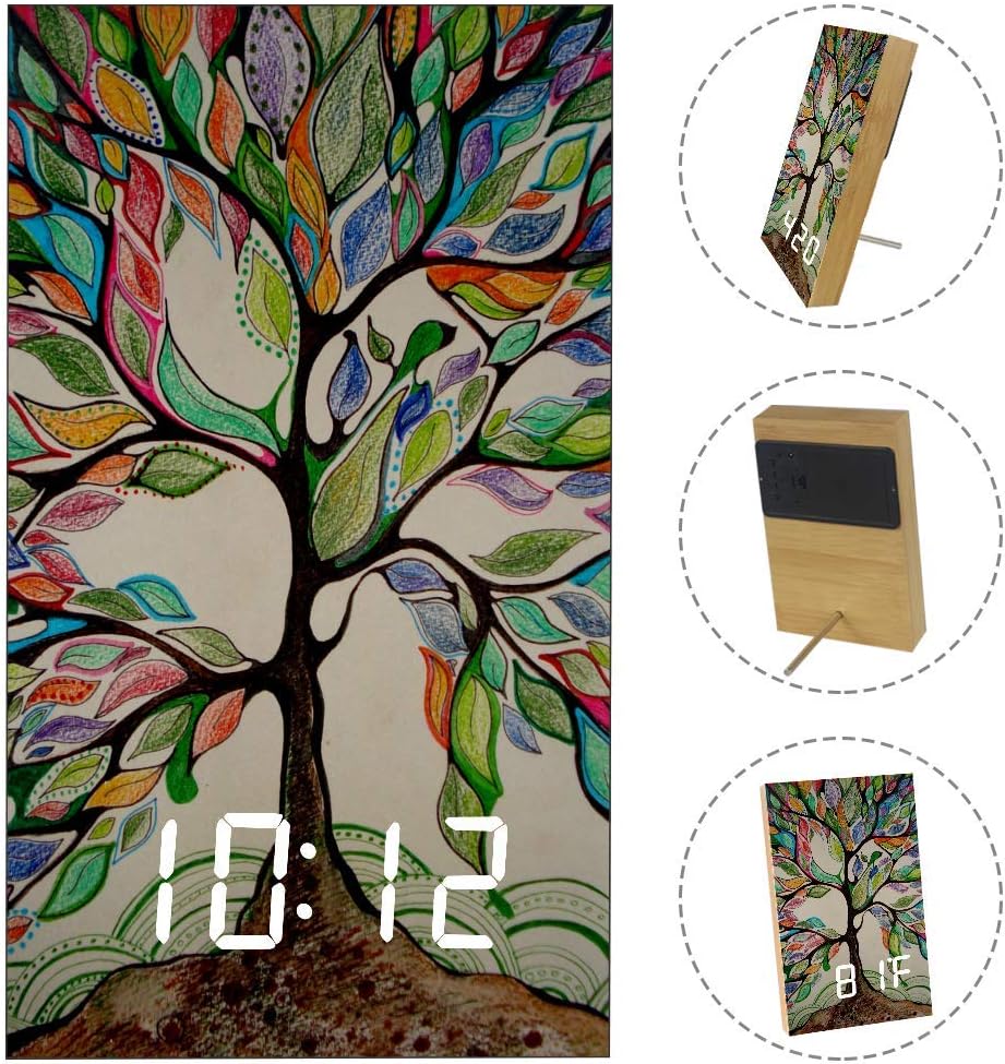 imobaby Modern Art Abstract Painting Colorful Tree of Life Printed Art Wooden LED Electronic Digital TemperatureTable Home Bedroom Clock with Sound Control Function
