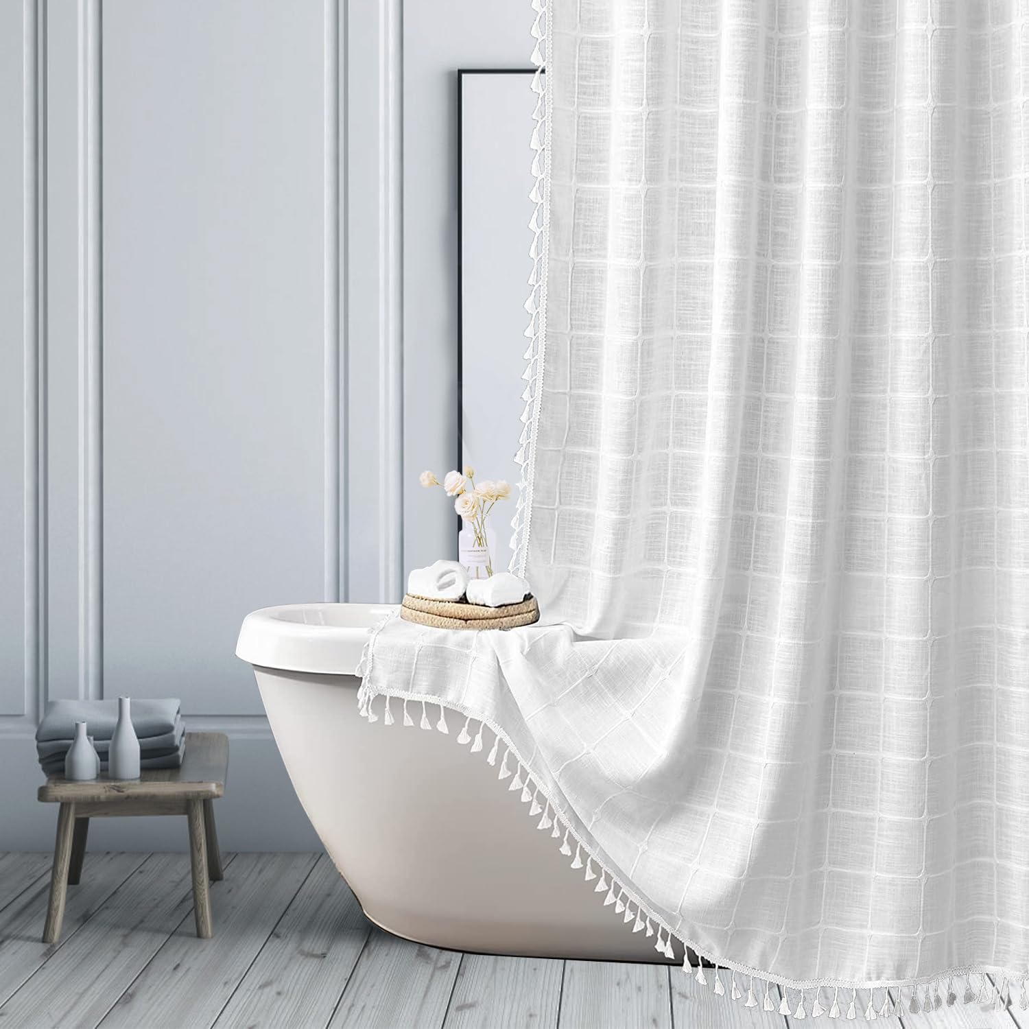 Photo 1 of ggaimwf Striped Farmhouse White Shower Curtain Boho Linen Fabric Shower Curtains for Bathroom, Tall Country Neutral Thick Bathroom Curtain Set with Tassel - Bohemian Cloth Shower Curtain 72x78 Inch