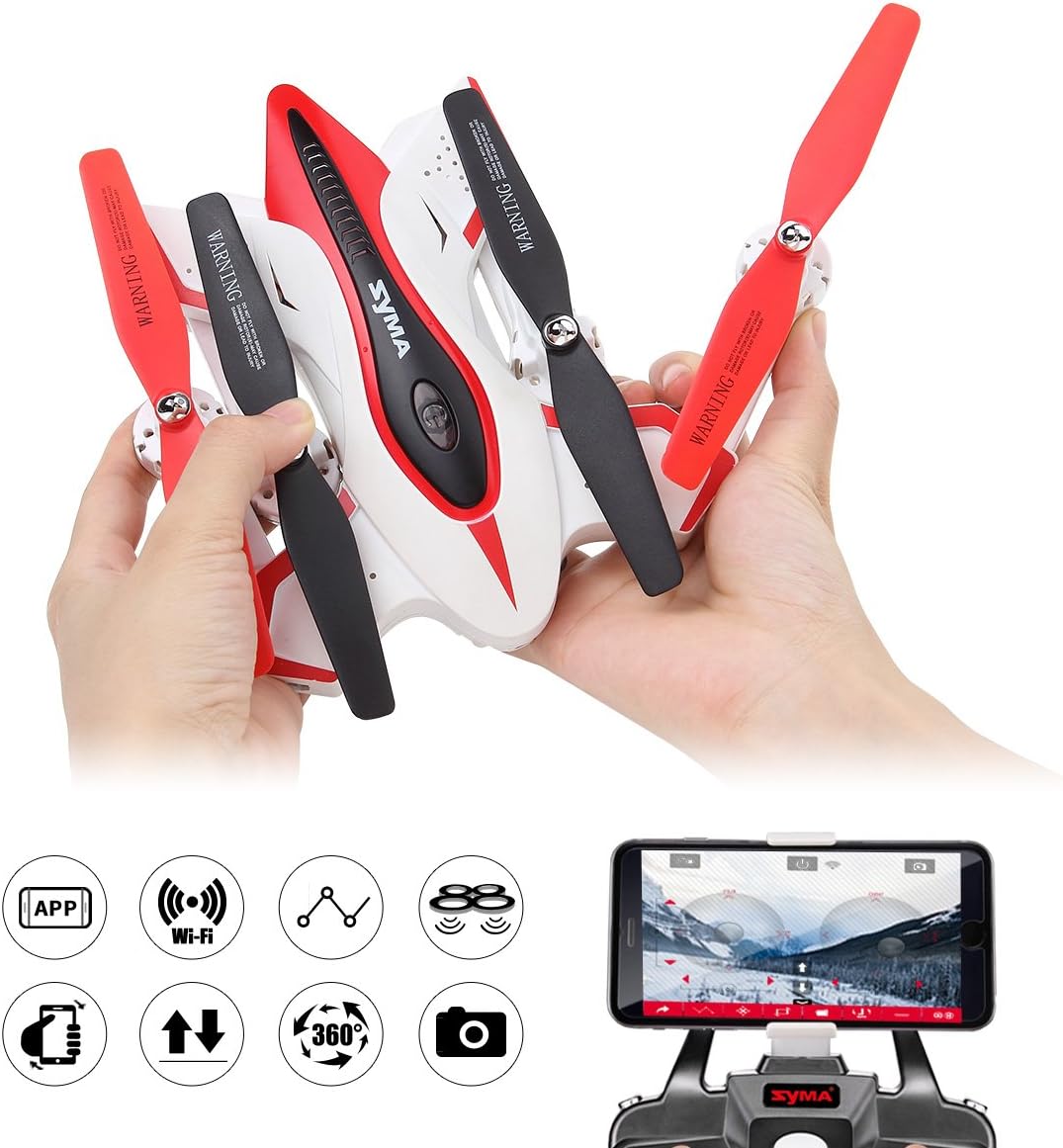 AUKWING SYMA X56W Remote Control Drone Foldable Quadcopter Aerial Photography with 720P HD Camera Rechargable Electronic Toy for Child’s Gift White