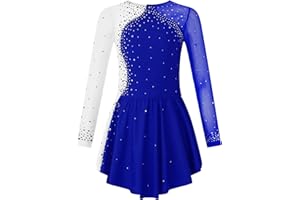 TSSOE Kids Girls Long Sleeves Glitter Rhinestone Figure Skating Dress Dance Performance Costume