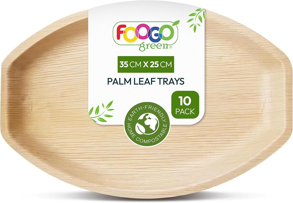 FOOGO Green 14x10 Disposable Palm Leaf Trays Large Oval 35x25 cm