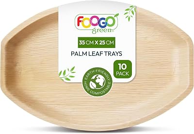 FOOGO Green 14x10 Disposable Palm Leaf Trays Large Oval 35x25 cm