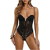 SweatyRocks Women's Sheer Mesh Lace Bodysuit Spaghetti Strap Bustier Corset Tops Party Clubwear