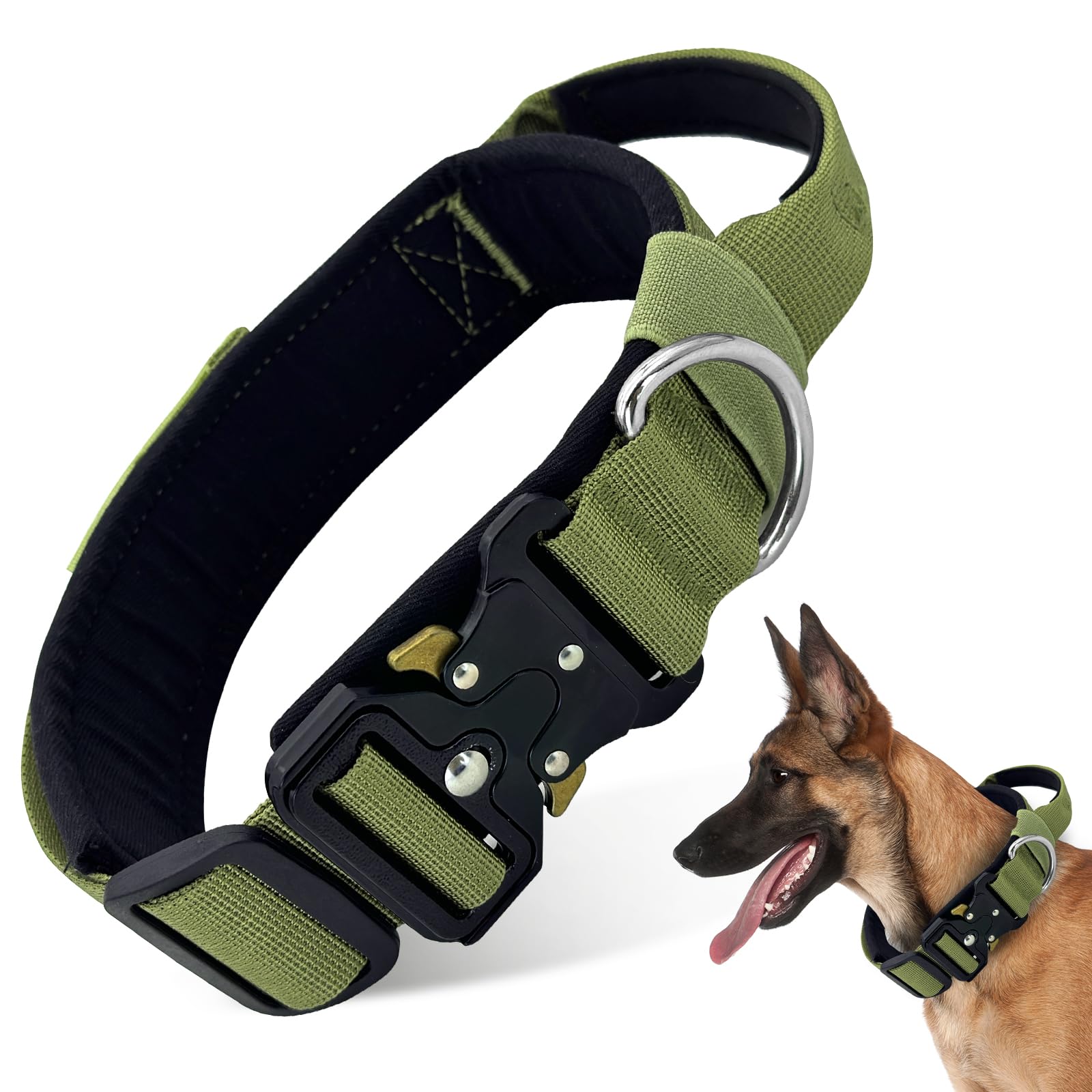 Boloshine Tactical Dog Collar With Handle, Military Training, Breathable Padded Adjustable With Heavy-Duty Metal Buckle for Medium Large Dogs (Army Green, M)