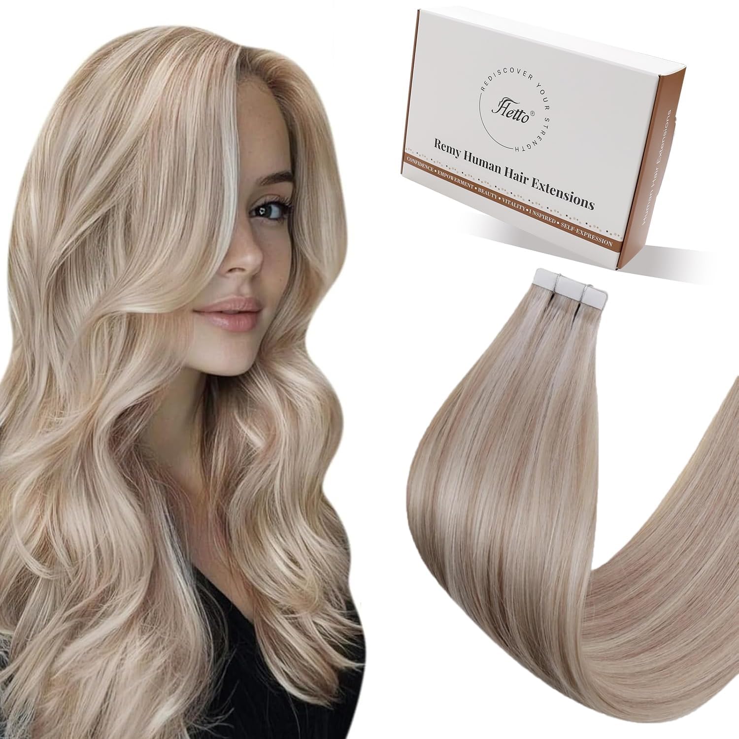 Hetto Tape in Hair Extensions Human Hair Ash Blonde with Bleach Blonde 16 Inch - Invisible Tape Hair Extensions, Lightweight Quick Apply Tape Ins for Women 20pcs 50g #P18/613 — image 1