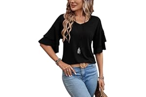 SIALOIS Womens Blouses Ruffle Sleeve T Shirts V Neck Double Tiered Bell Sleeve Top Spring Fall Summer Fashion Clothes Cute Tunic