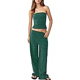 AICHARMWA Women's Striped Two Piece Sets Cropped Tube Top and Wide Leg Pants Lounge Matching set with Pockets