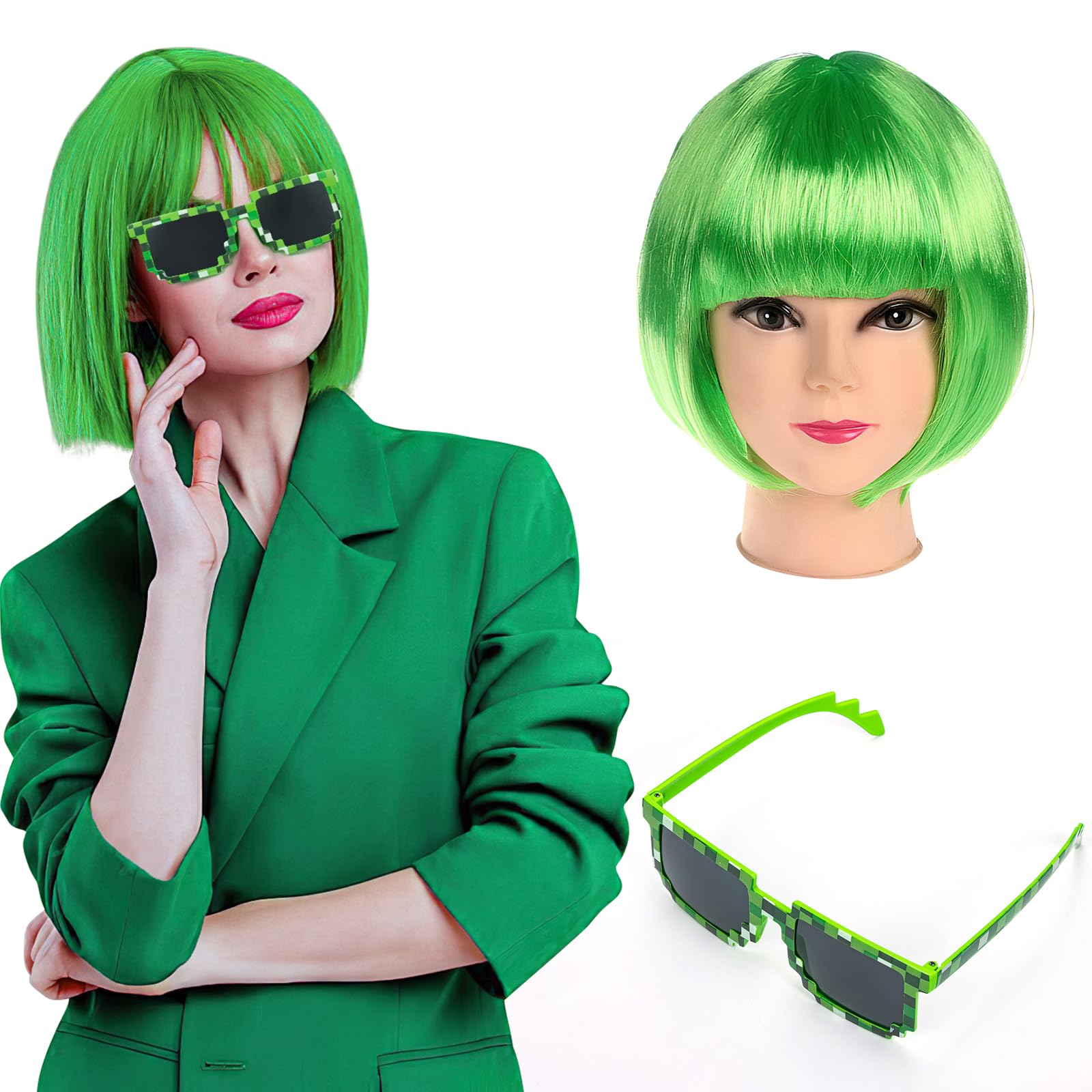 Ladies Short Bob Hair Wig, Costume Cosplay Wigs Daily Party Hairpiece for Women, Bob Colorful Wigs Fancy Dress Accessory for Disco Bachelorette Party Night Club, with Sunglasses, Green