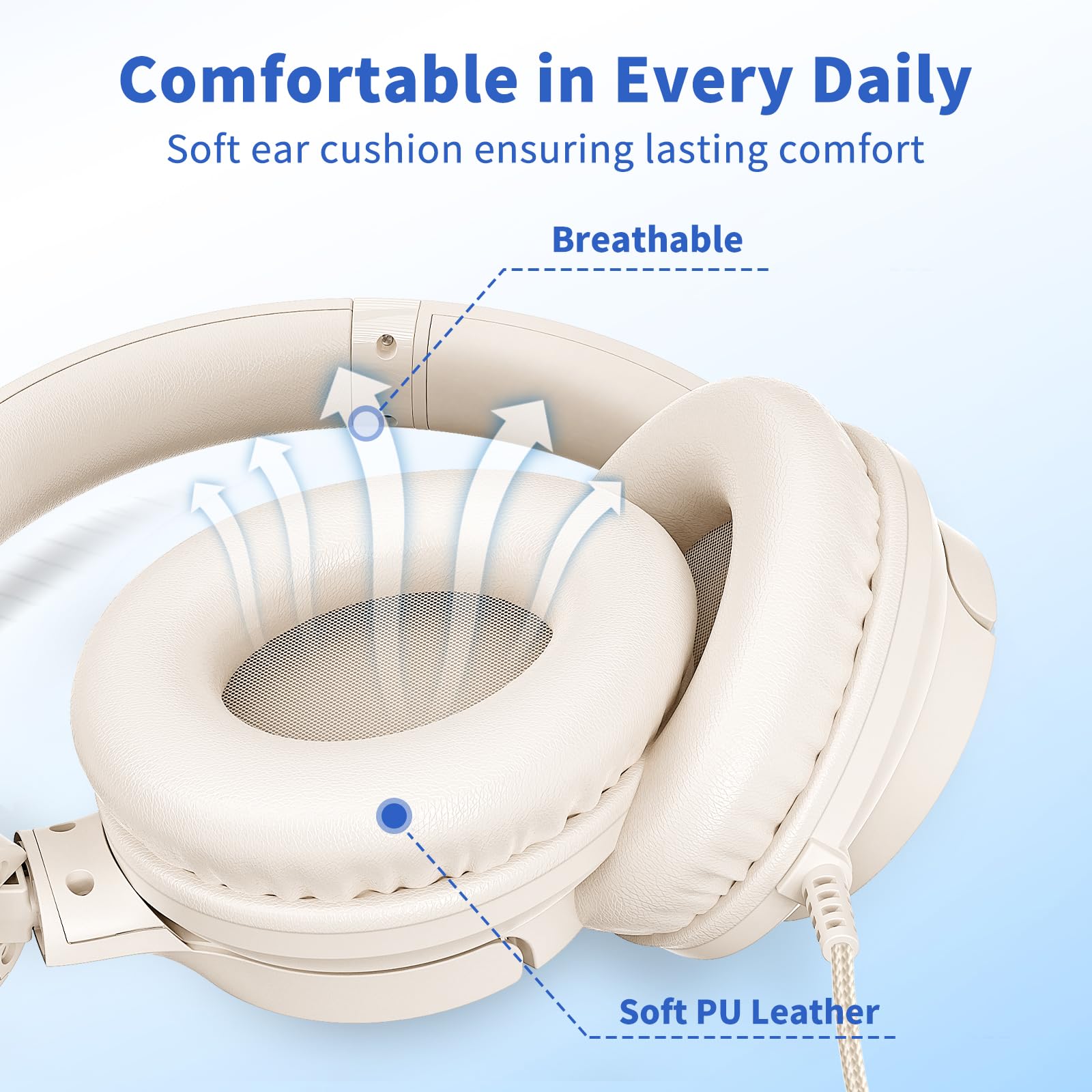 Botesty Sound Headphones Wired with Microphone, Over Ear Foldable 3.5mm Plug in Headphones Corded with 4.9ft Tangle-Free Nylon Cord for Tablet, Laptop, MP3/4, School, Airplane Travel (Beige)