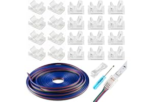 HOMELYLIFE 4 Pin LED Strip Connectors Solderless 20 Pcs with 16.4ft Extension Cable 4 Conductor for Waterproof or Non-Waterproof 10mm Wide 4 Pin RGB LED Strip Lights