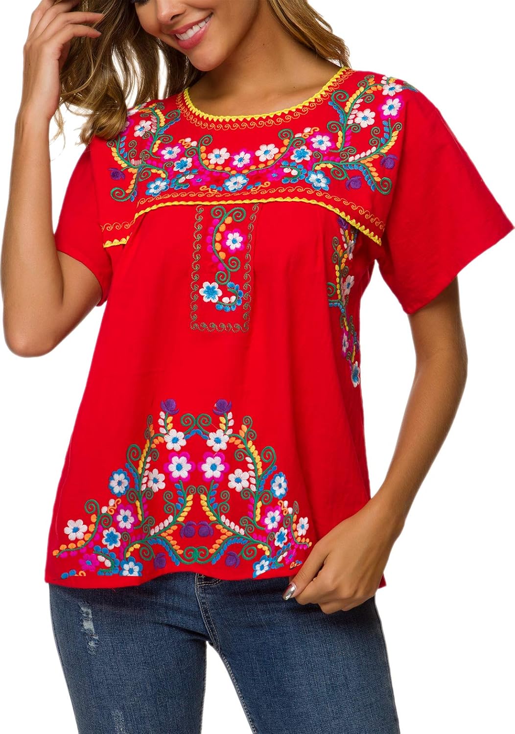 YZXDORWJ Women's Embroidered Mexican Peasant Blouse Mexico Summer Shirt