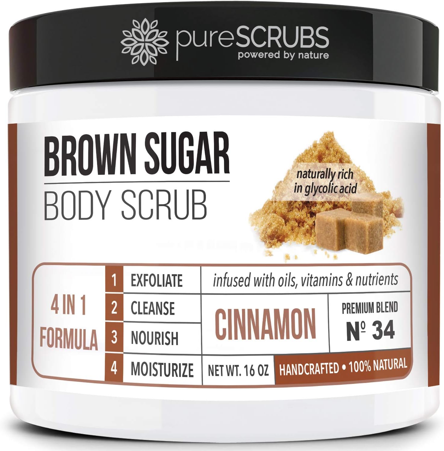 pureSCRUBS Premium Organic Brown Sugar CINNAMON FACE & BODY SCRUB Set - Large 16oz, Infused With Organic Essential Oils & Nutrients INCLUDES Wooden Spoon, Loofah & Mini Exfoliating Bar Soap