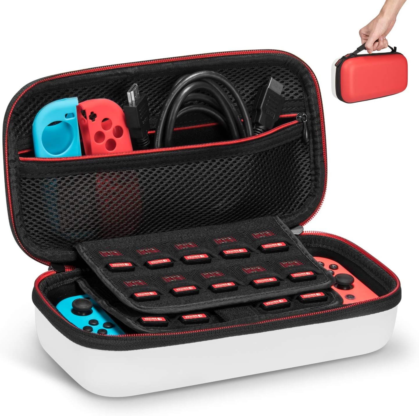 Keten Carry Case for Nintendo Switch, Protective Portable Travel Pouch Shell with 19 Games Cartridge Holders for Switch Console, Joy-Con and Other Accessories (Red and White)