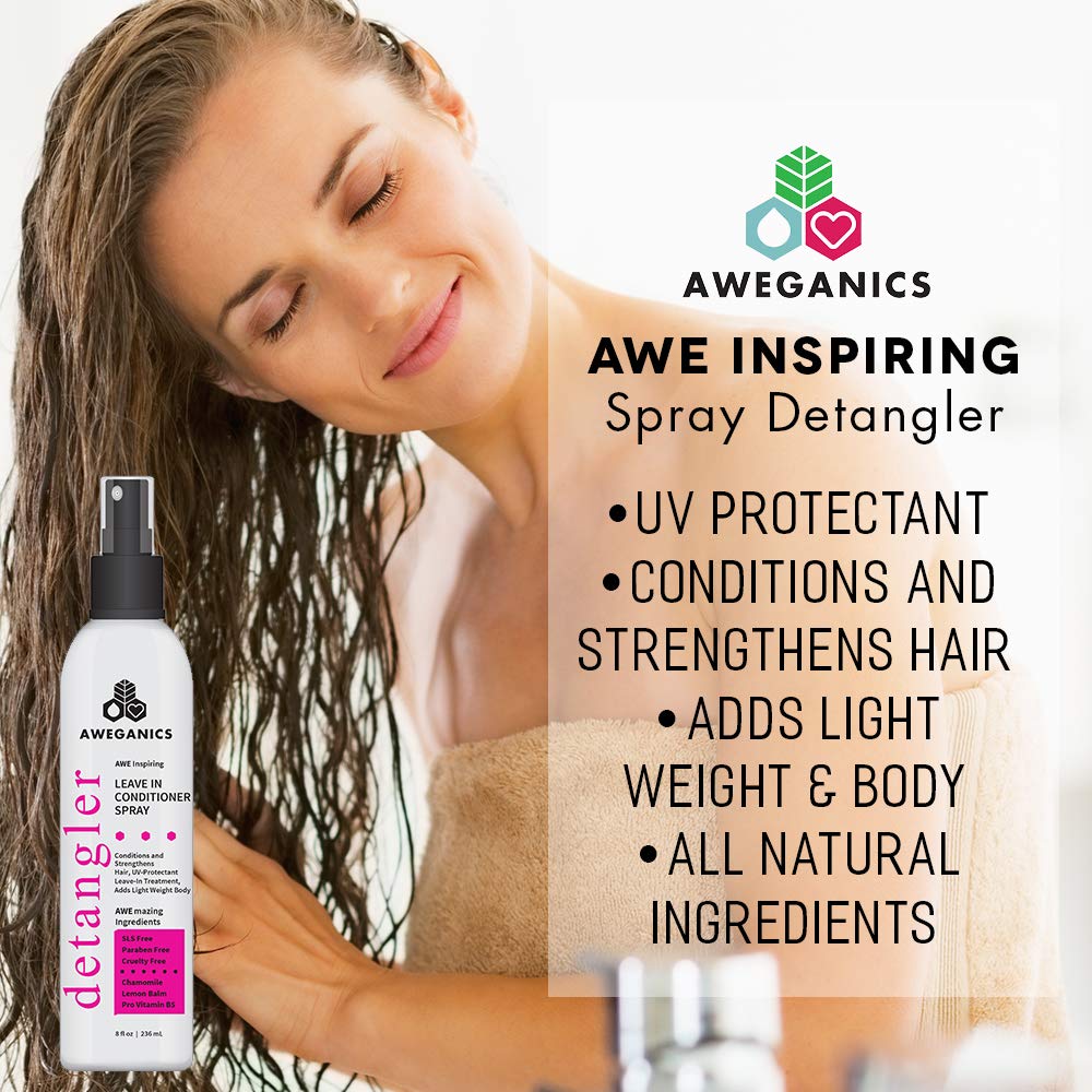 Aweganics Leave-in Conditioner Detangler Spray - AWE Inspiring Pro-Vitamin B5 Conditioning Hair Detangling Spray for Women, Men, Kids -SLS-Free, Paraben-Free, Cruelty-Free, COLOR SAFE, UV Protectant : Beauty