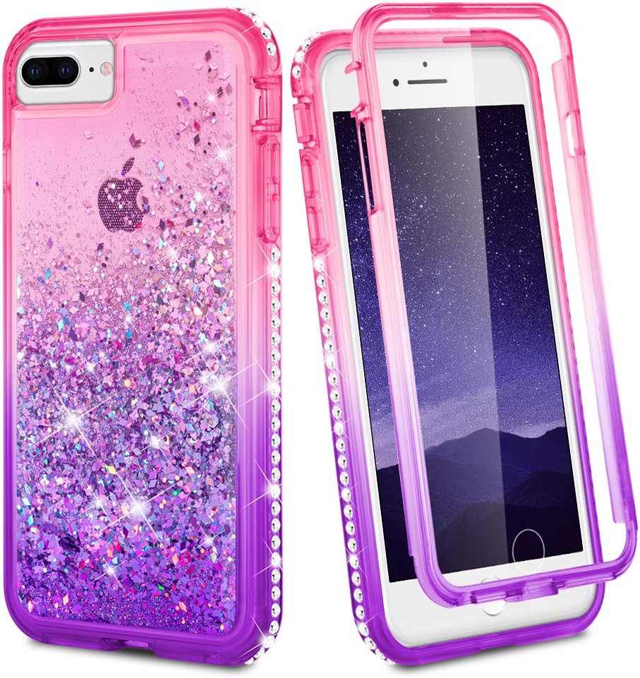 Ruky iPhone 7 Plus Case, iPhone 8 Plus Case, Full Body Clear Glitter Liquid Cover with Built-in Screen Protector Shockproof Protective Women Case for iPhone 6 Plus 6s Plus 7 Plus 8 Plus (Pink Purple)