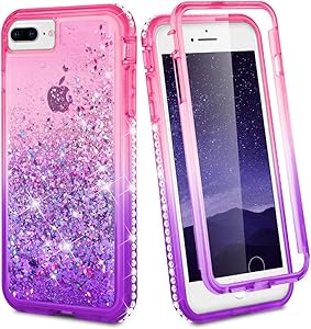 Ruky iPhone 7 Plus Case, iPhone 8 Plus Case, Full Body Clear Glitter Liquid Cover with Built-in Screen Protector Shockproof Protective Women Case for iPhone 6 Plus 6s Plus 7 Plus 8 Plus (Pink Purple)