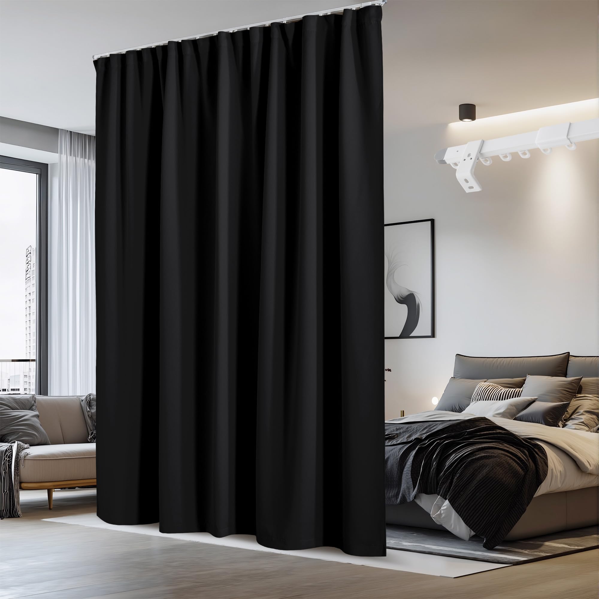 NICETOWN Room Divider Curtain with Adjustable Ceiling Track, W100 x L84 Blackout Curtain for Sliding Door, Ceiling Mouted Drape for Living Room/Hospital Divider, 1 Panel Black Drape, Whtie Track Image