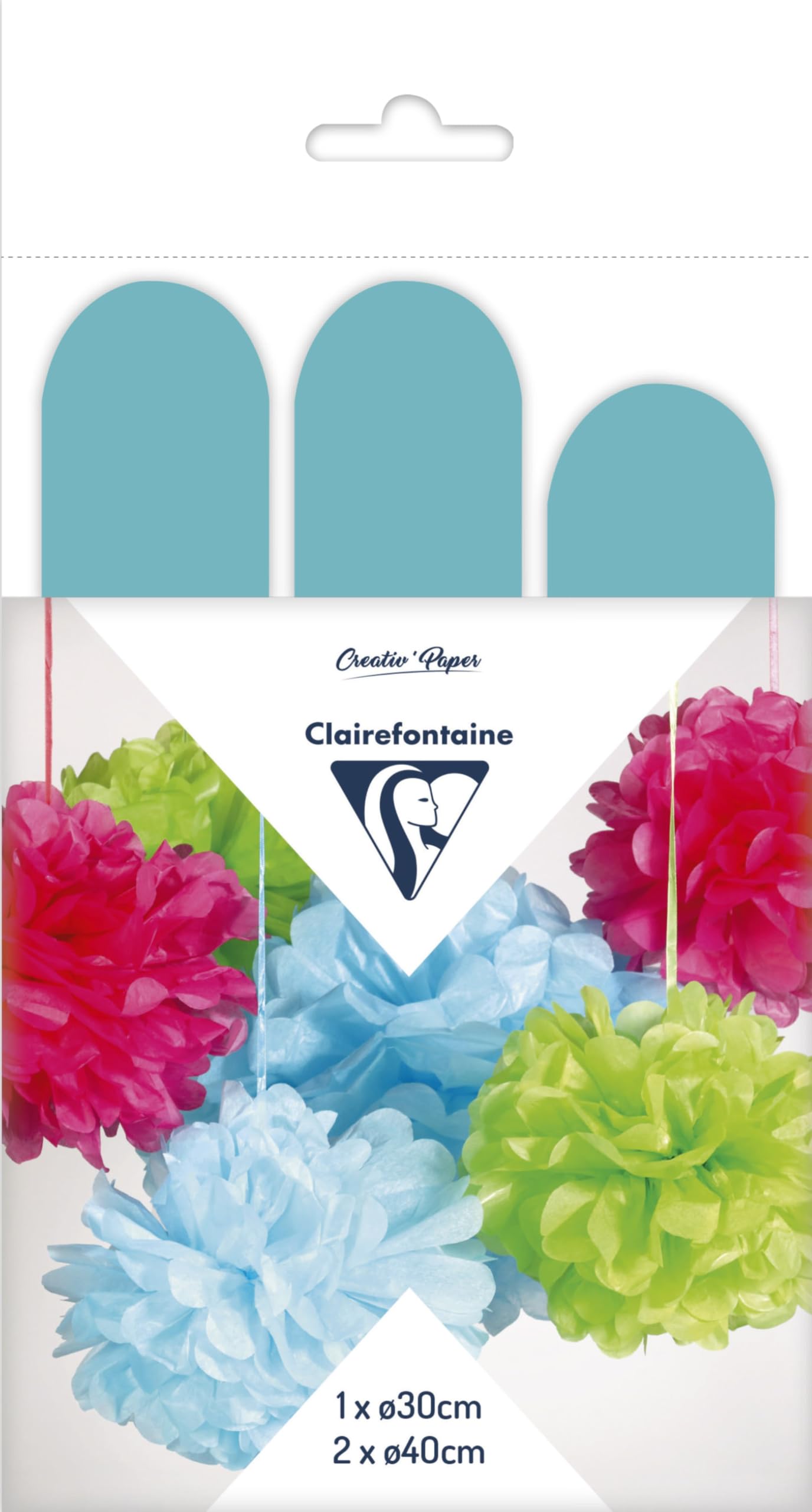 Clairefontaine 395427C Set of 3 Sky Blue Silk Pompons to Hang 1x 30cm Diameter 2x 40cm Diameter Decoration Weddings Birthdays Baby showers Parties Creative DIY
