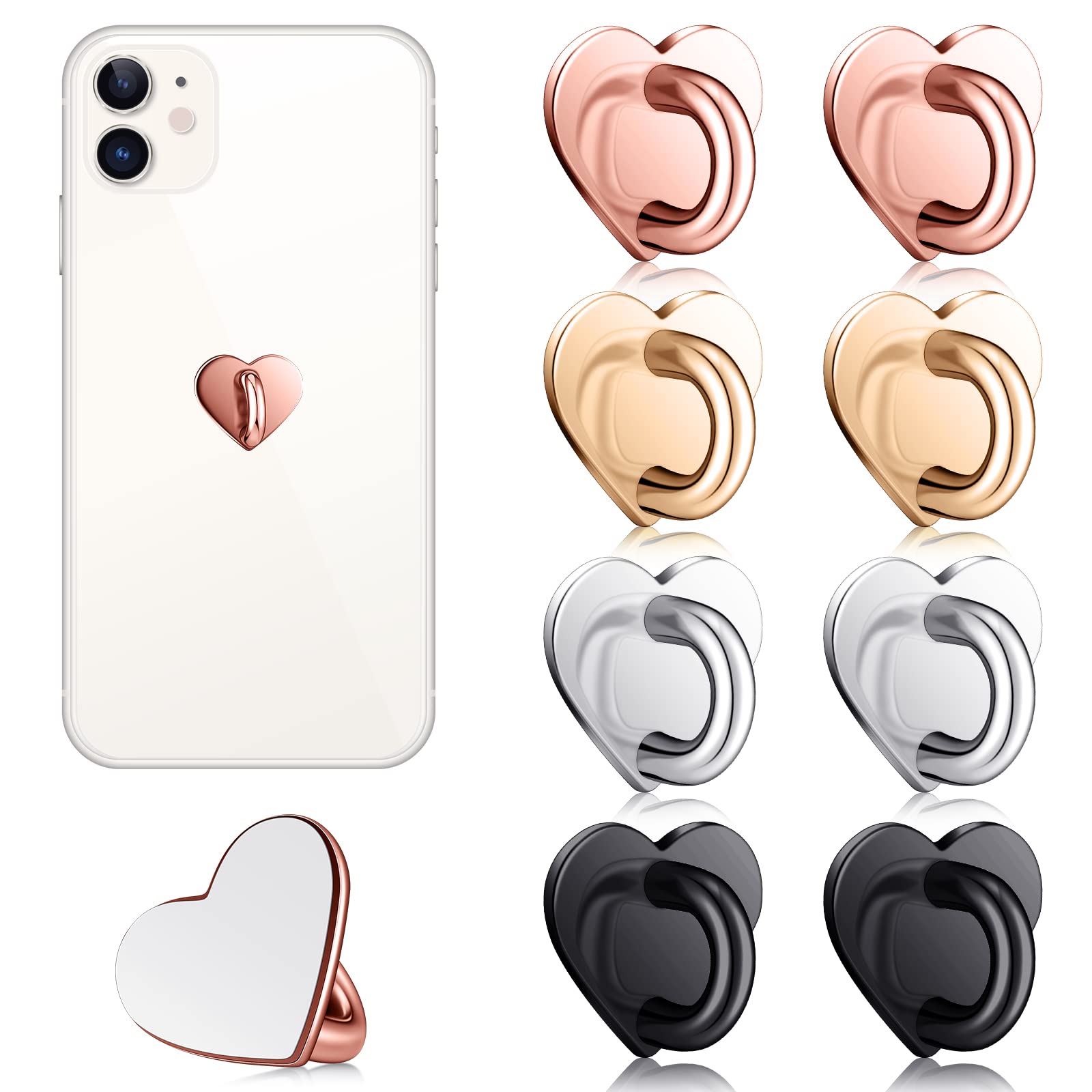 Photo 1 of Moxweyeni 8 Pcs Cell Phone Finger Ring Adhesive Metal Phone Finger Grip Loop Stand Heart Grip Holder Charm Hook for DIY Hanging Supplies(Gold, Silver, Rose Gold, Black)