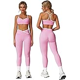 QBGJTD Womens Workout Set Two Piece Spaghetti Straps Cross Back Sports Bra Matching High Waist Leggings Gym Work Out Outfits