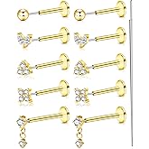 WINSENET 20G 18G 16G Gold Threadless Flat Back Earrings Surgical Steel Push in Nose Stud Rings 18K Gold Plated Hypoallergenic Cartilage Earring Set Helix Conch Medusa Tragus Piercing Jewelry for Women