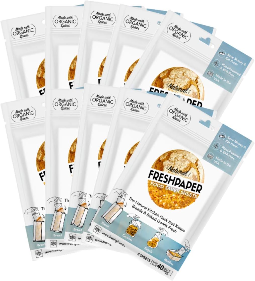 FRESHPAPER Food Saver Sheets for Bread - Keep Baked Goods Fresh, Perfect for Bagels, Muffins, Cookie Storage, Healthy Meal Prep, BPA Free, Made in USA - 10 (8 Sheet) Packs