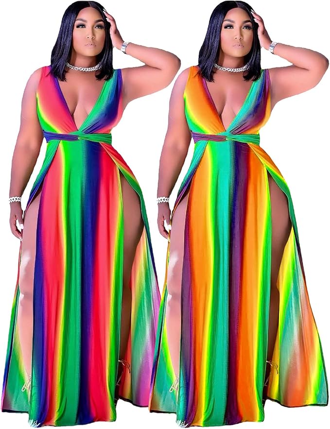 Plus Size Sexy Dress for Women Summer Tie-Dye Gradient V-Neck