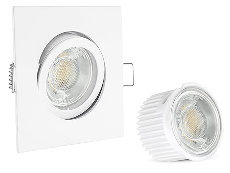 linovum LED Deckeneinbauleuchte schwenkbar flach eckig weiß für 230V Einbaustrahler mit 5W LED Modul Keramik & Echtglas neutr