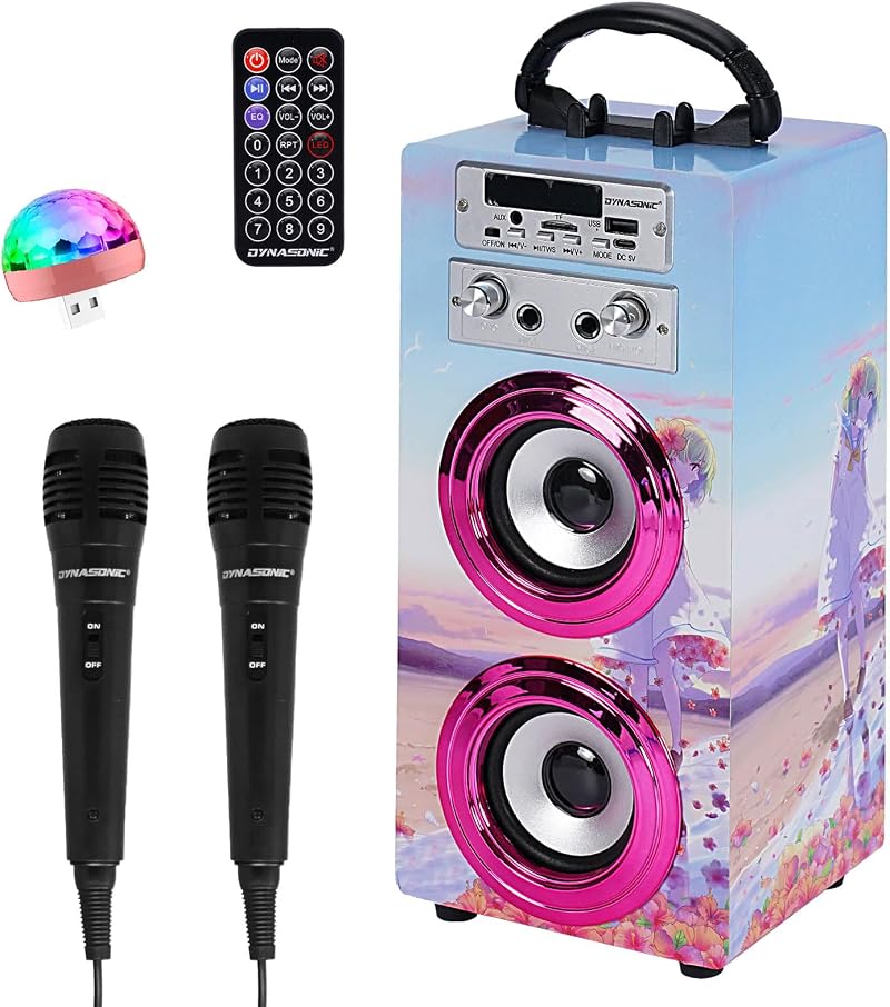 Dynasonic Karaoke Machine 2 mics Portable Bluetooth Speaker Lights USB SD