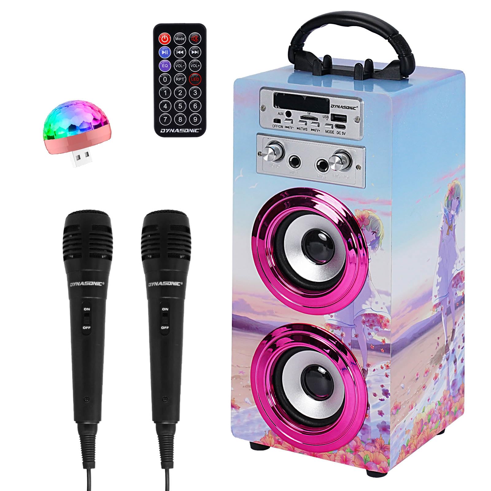 DYNASONIC Karaoke Machine with 2 Microphones, Portable Bluetooth Speaker with Lights, USB and SD Reader, Gift for Children Ages 5-13 (Model 17 lights)