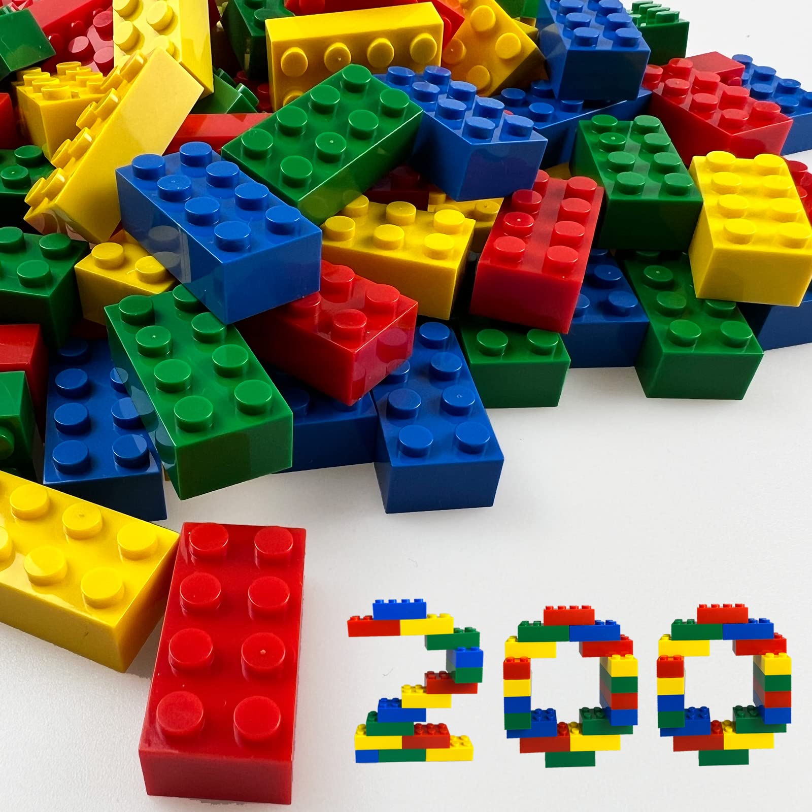 Photo 1 of 200 Piece Classic Building Bricks, 2x4 Bulk Bricks STEM Creative Building Toys, Red, Yellow, Blue, Green