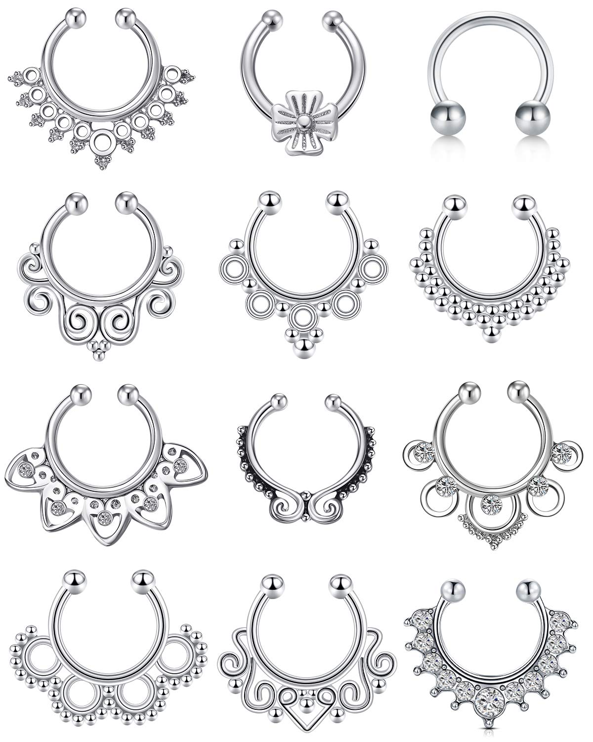 Mayhoop Fake Septum Nose Hoop Rings Silver Clear CZ Faux Non Pierced Clicker Hanger Nose Septum Ring Clip On Body Piercing Jewelry 12PCS