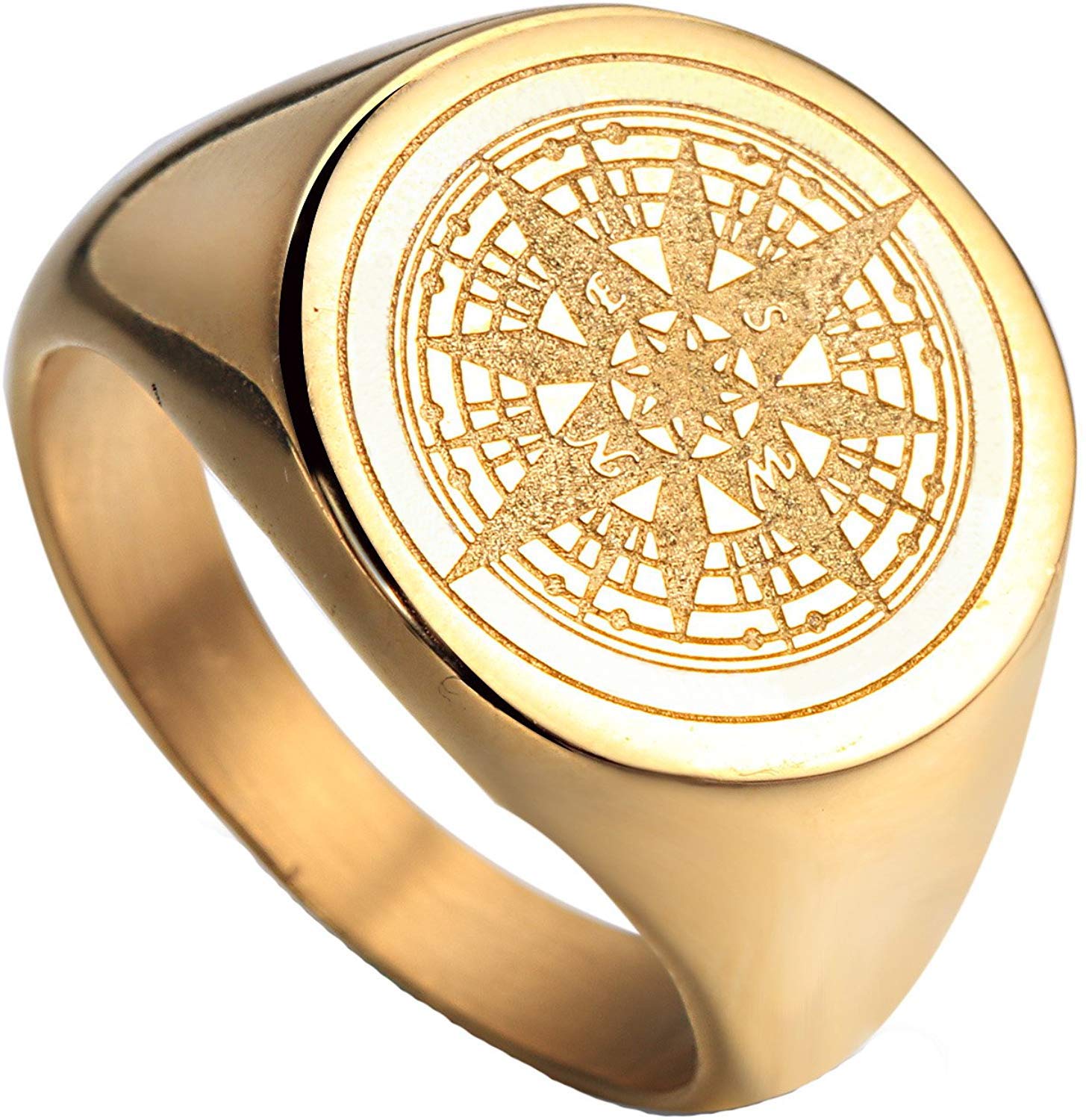 HIJONES Men's Stainless Steel Retro Compass Mysterious Ring (Gold, Z+1)