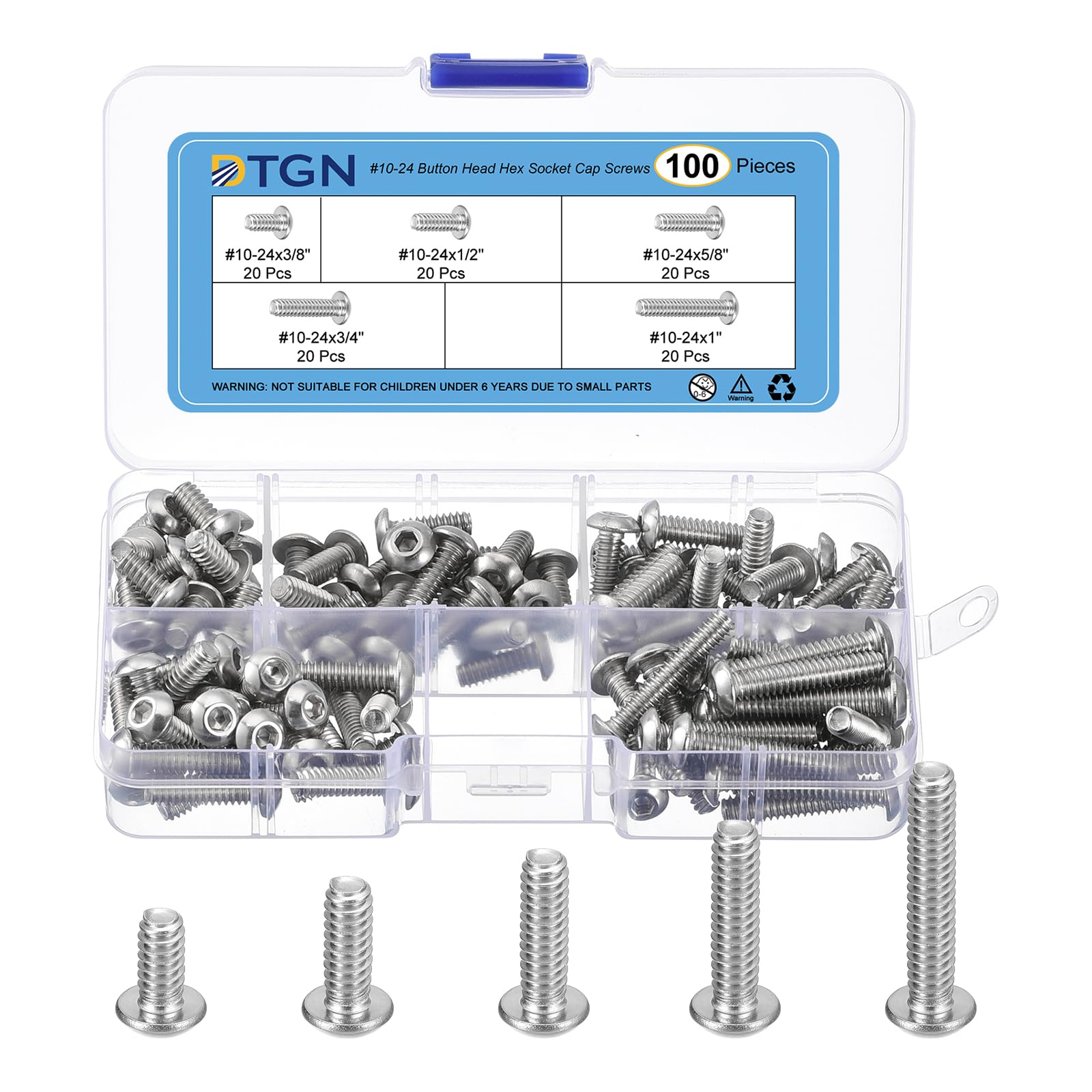 DTGN 100Pcs #10-24 Button Head Socket Cap Screws Kit - 3/8" 1/2" 5/8" 3/4" 1" 304 Stainless Steel UNC Thread Hex Socket Cap Screw Assortment - Good for Machine, Furniture Repairing