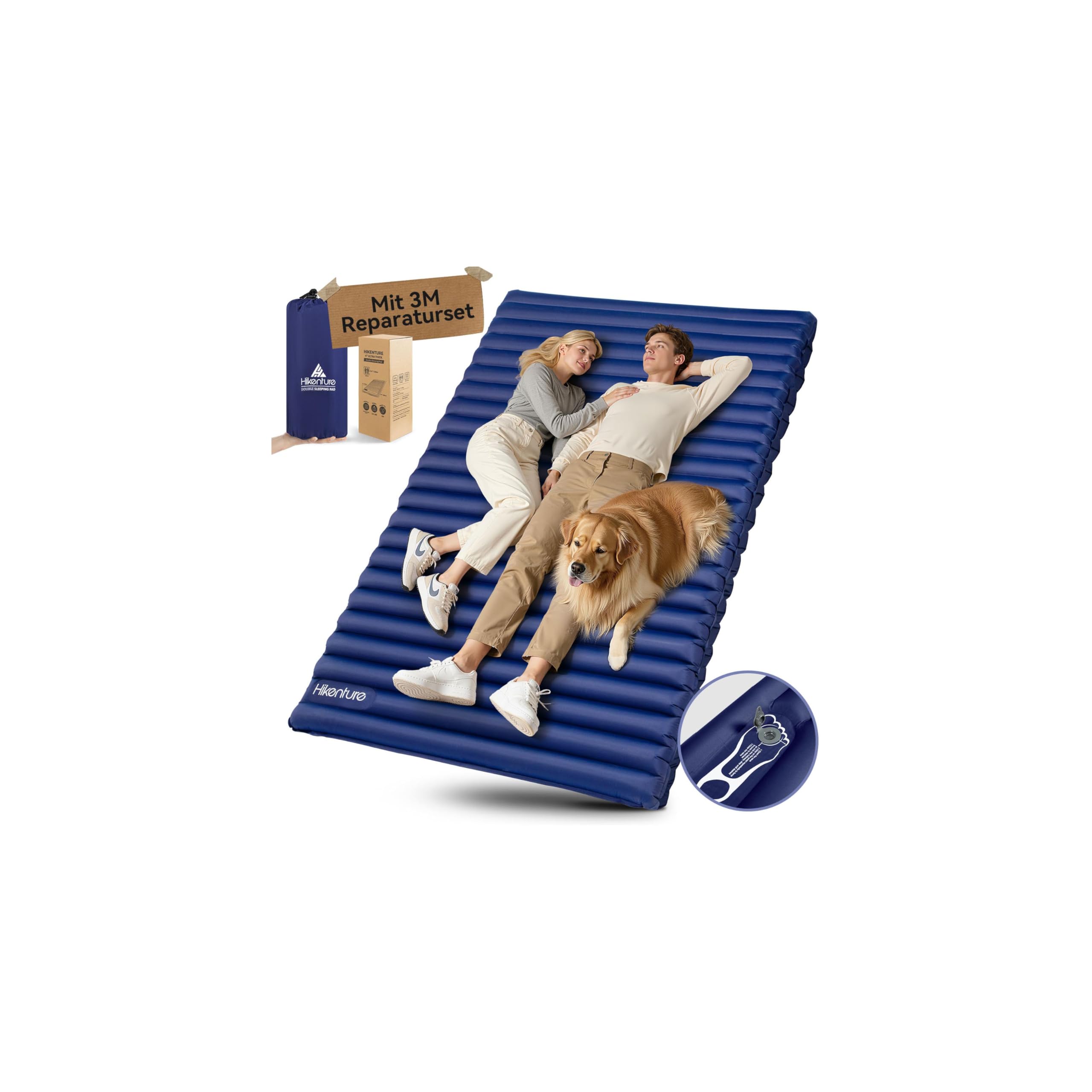 HIKENTURE Sleeping Mat for 2 People, Ultralight, Double Inflatable Sleeping Mat, Camping Air Mattress, Sleeping Mat, 140 cm with Foot Pump, for Camping, Outdoor, Hiking, Beach, Navy Blue