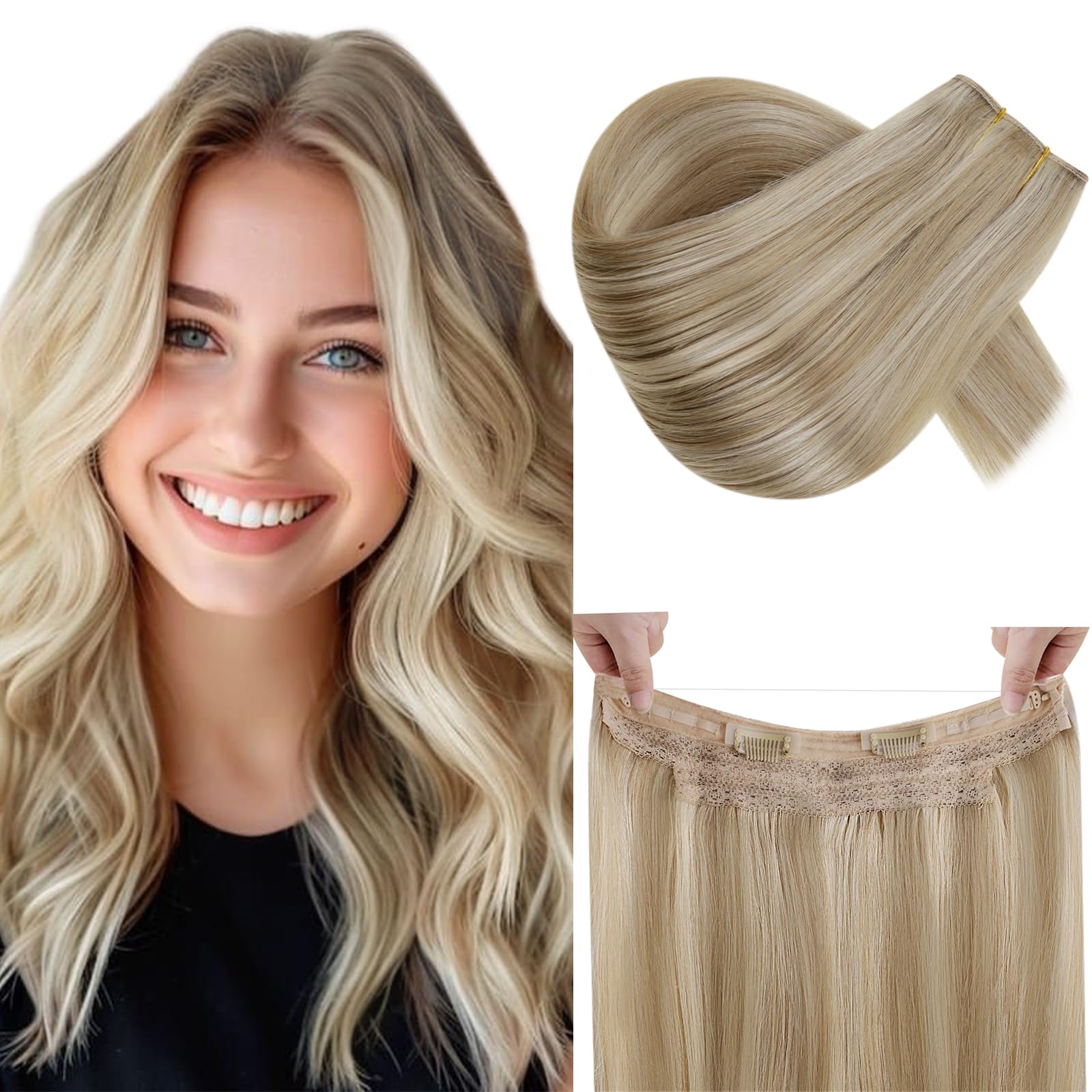 RUNATURE Wire Hair Extensions Human Hair - Blonde Highlight Dark Blonde - 20 Inch 100 Gram — image 1