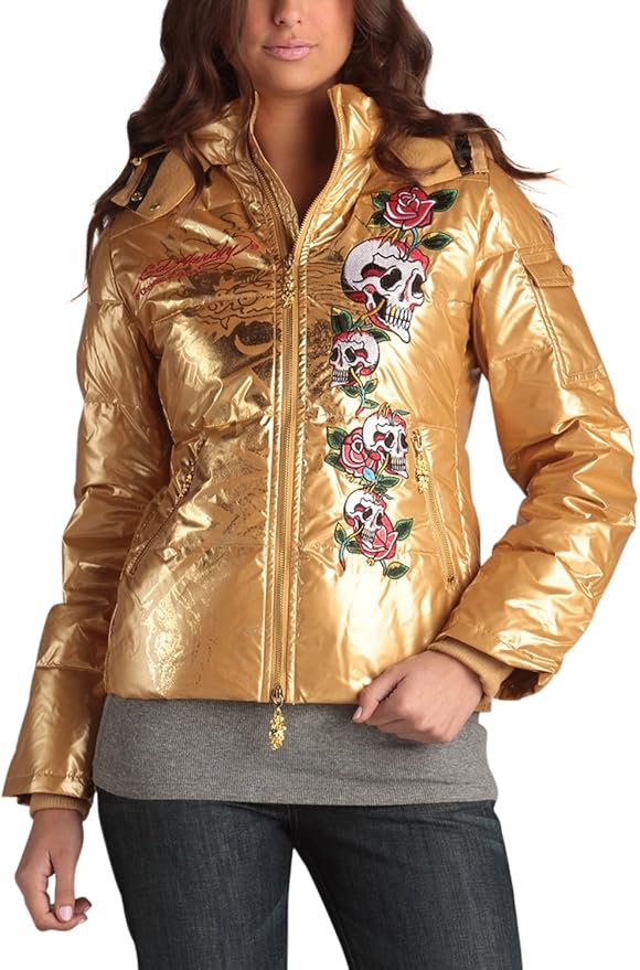 Ed Hardy Womens Skull Roses Puffer Jacket Gold Large