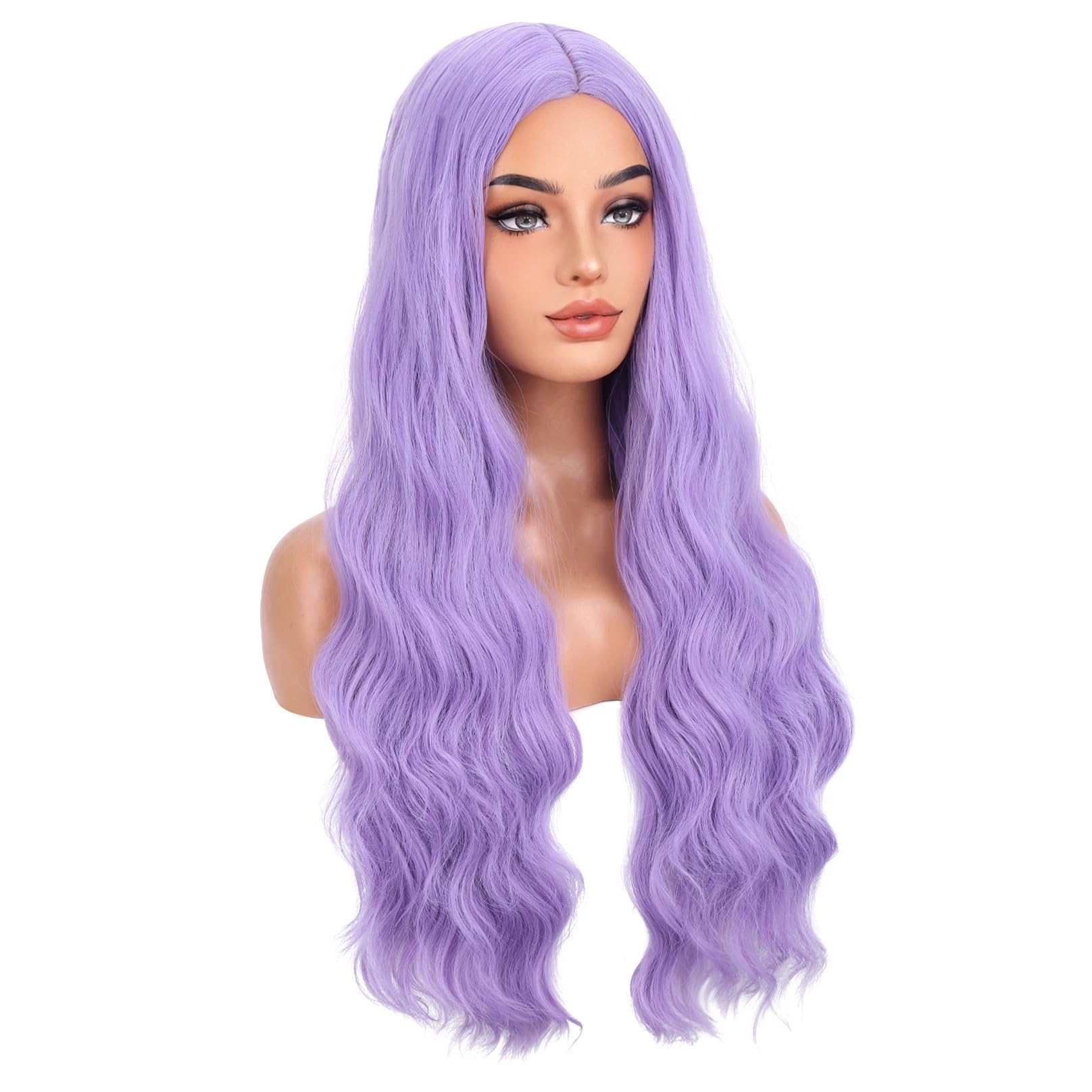 Photo 1 of BERON Purple Long Wigs for Women Girls Wavy Colored Hair Wig Light Purple Curly Women and Girls for Daily or Cosplay Use Wigs with Wig Cap