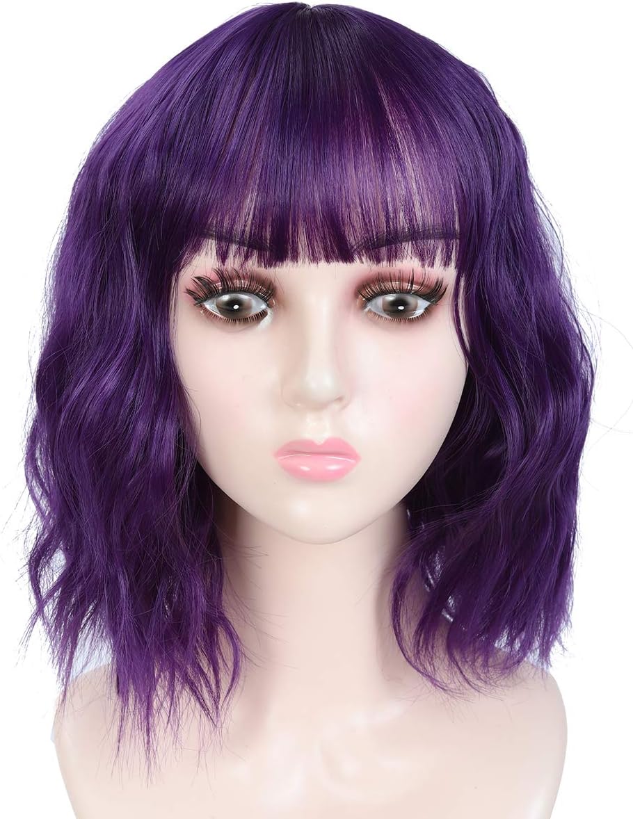 Chisu Short Bob Wig with Fringe Wavy 14 inches Synthetic Wigs For Women Purple Color